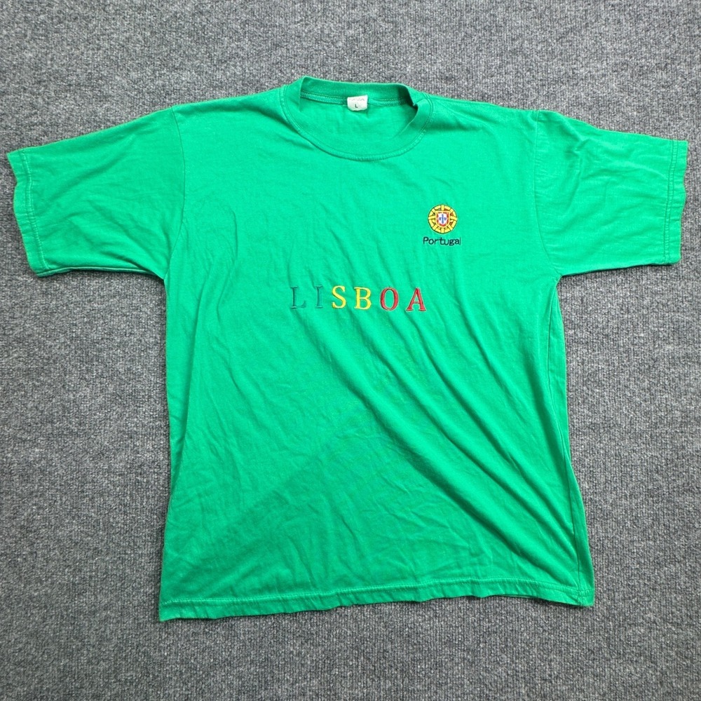 Vintage Lisboa Portugal Embroidered T Shirt Mens Large‎ Green Souvenir